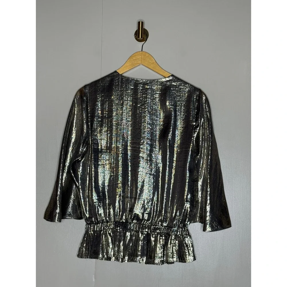 Ramy Brook Metallic Silk Flutter Sleeve Peplum Blouse M